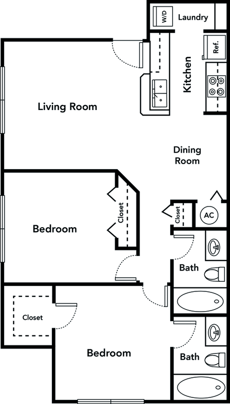 Floor plan for 2 beds, 2 baths, 899 sqft