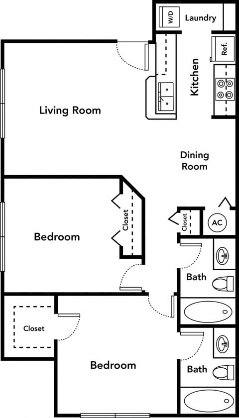 Floor plan for 2 beds, 2 baths, 899 sqft