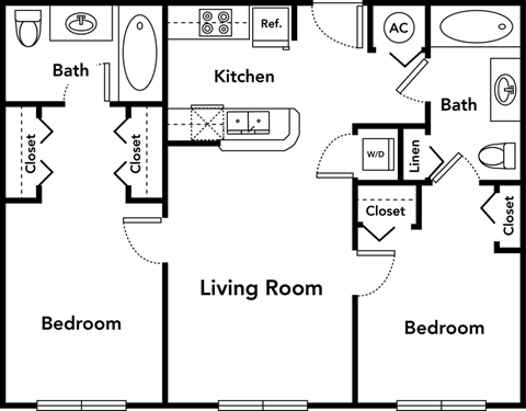 Floor plan for 2 beds, 2 baths, 816 sqft