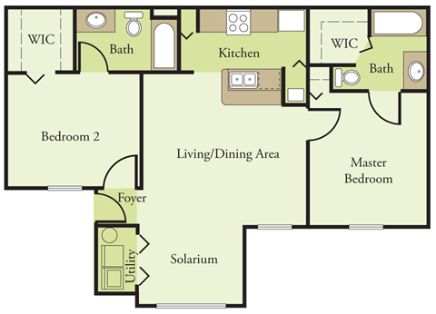 Floor plan for 2 beds, 2 baths, 954 sqft