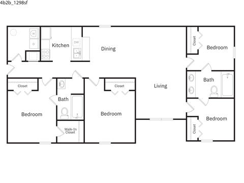 Floor plan for 4 beds, 2 baths, 1298 sqft