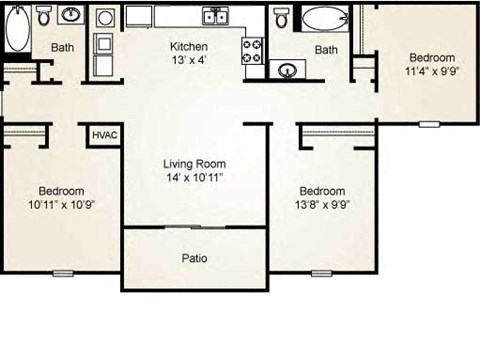 Floor plan for 3 beds, 2 baths, 990 sqft