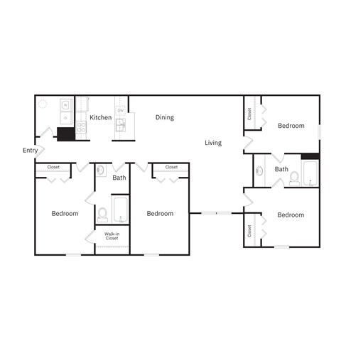Floor plan for 4 beds, 2 baths, 1298 sqft