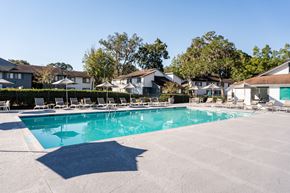 Savannah apartment for rent - A large swimming pool surrounded by lounge chairs and houses.