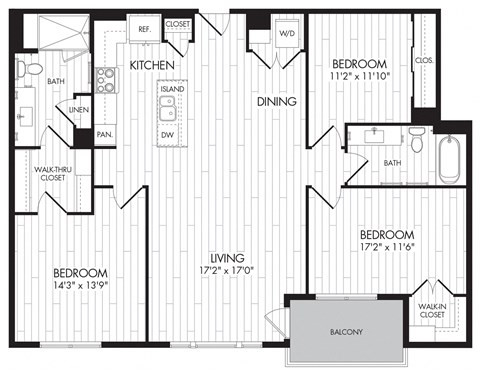 Floor plan for 3 beds, 2 baths, 1389 sqft