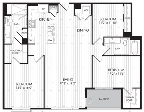 Floor plan for 3 beds, 2 baths, 1446 sqft