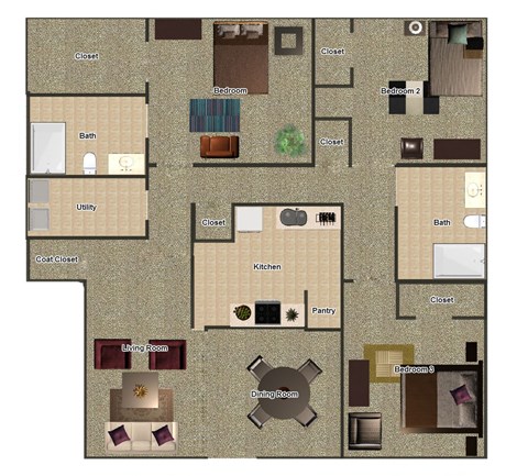 Floor plan for 3 beds, 2 baths, 1156 sqft