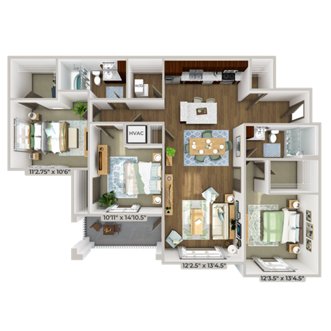 Floor plan for 3 beds, 2 baths, 1380 sqft