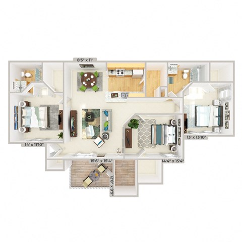 Floor plan for 3 beds, 2 baths, 1343 sqft