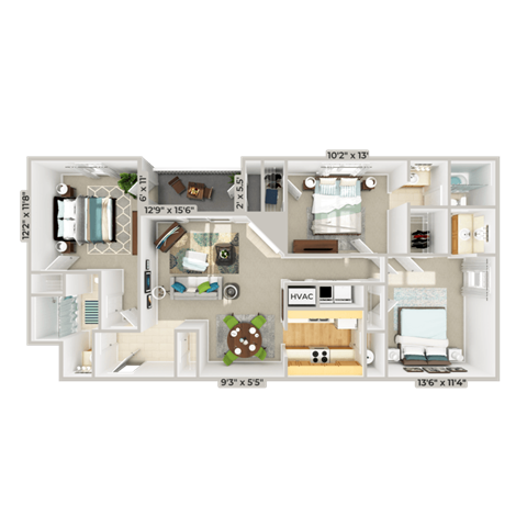 Floor plan for 3 beds, 2 baths, 1176 sqft