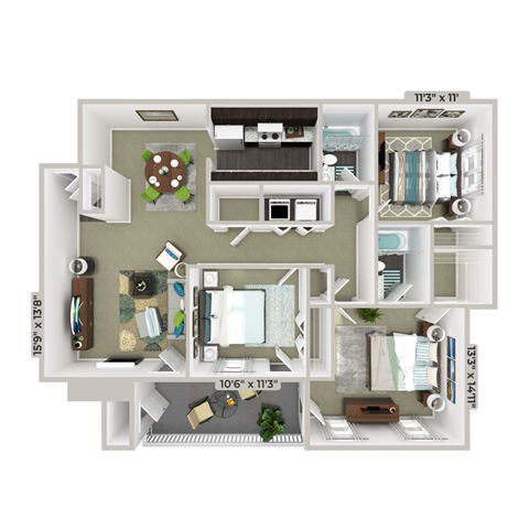Floor plan for 3 beds, 2 baths, 1265 sqft