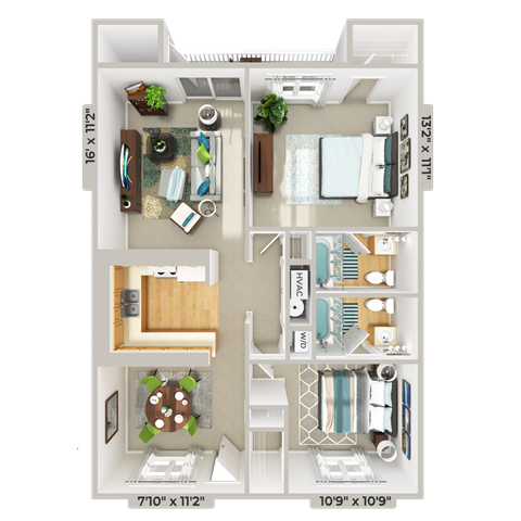 Floor plan for 2 beds, 2 baths, 936 sqft