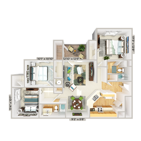 Floor plan for 3 beds, 2 baths, 1403 sqft