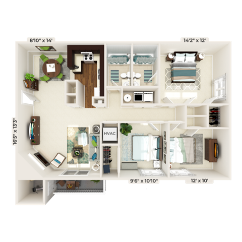 Floor plan for 3 beds, 2 baths, 1256 sqft