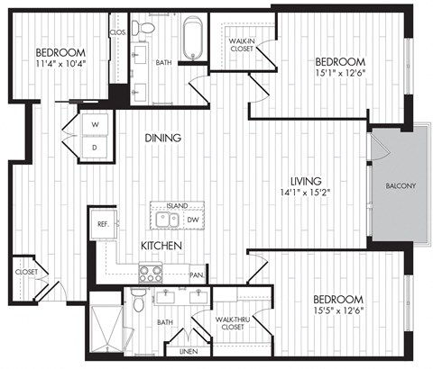 Floor plan for 3 beds, 2 baths, 1476 sqft