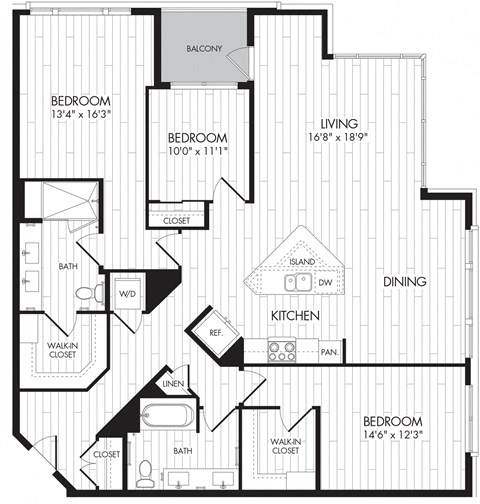 Floor plan for 3 beds, 2 baths, 1606 sqft