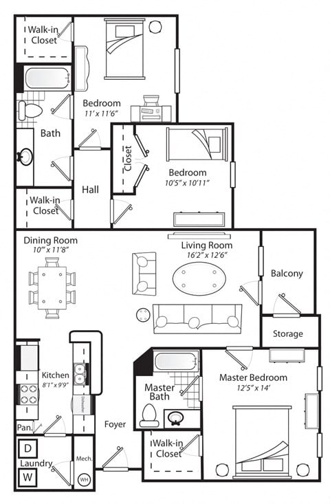 Floor plan for 3 beds, 2 baths, 1350 sqft