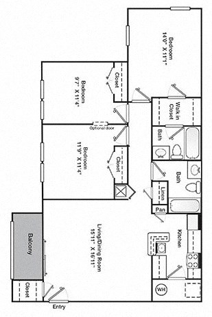 Floor plan for 3 beds, 2 baths, 1101 sqft