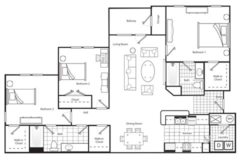 Floor plan for 3 beds, 2 baths, 1350 sqft