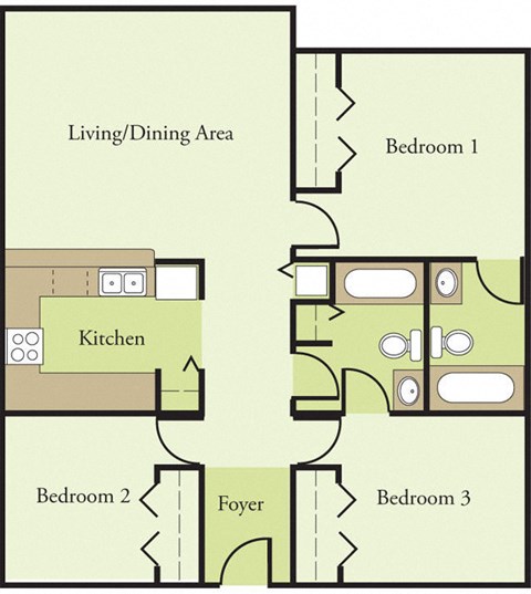 Floor plan for 3 beds, 2 baths, 950 sqft