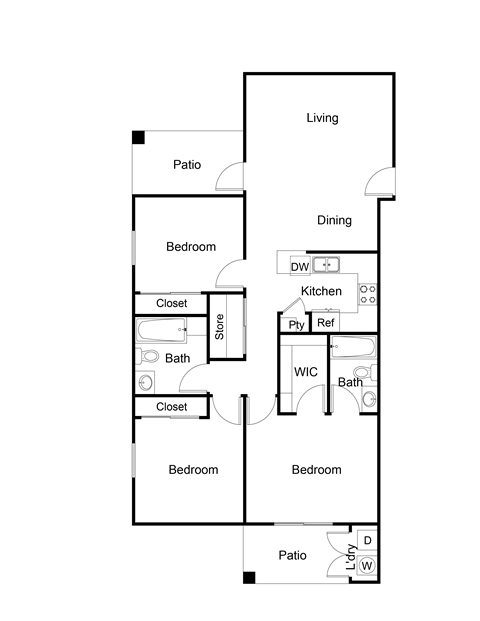 Floor plan for 3 beds, 2 baths, 1060 sqft