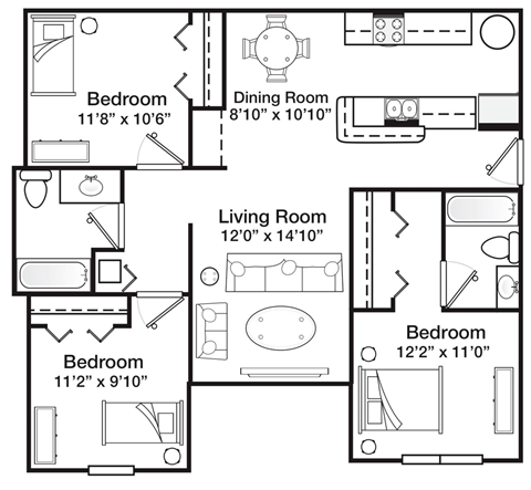 Floor plan for 3 beds, 2 baths, 1087 sqft