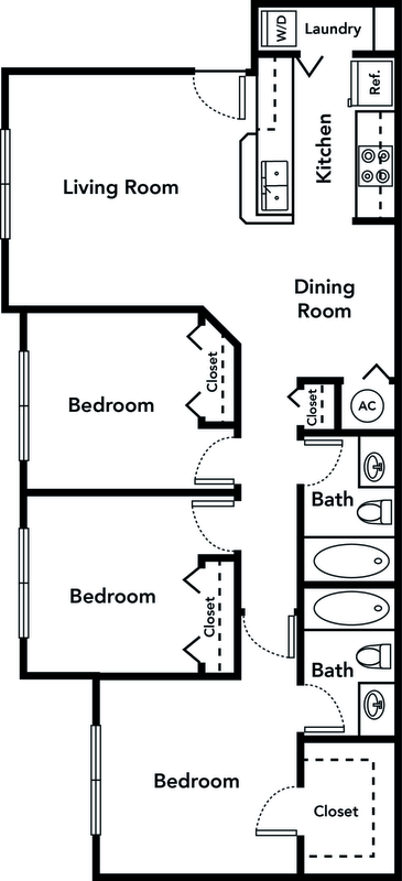 Floor plan for 3 beds, 2 baths, 1020 sqft