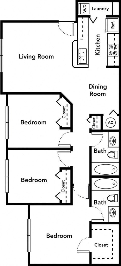 Floor plan for 3 beds, 2 baths, 1049 sqft