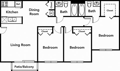 Floor plan for 3 beds, 2 baths, 1004 sqft