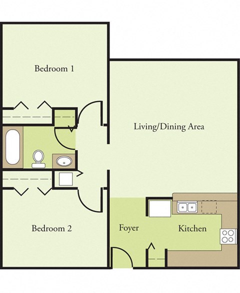 Floor plan for 2 beds, 1 bath, 800 sqft