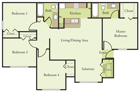 Floor plan for 4 beds, 2 baths, 1308 sqft