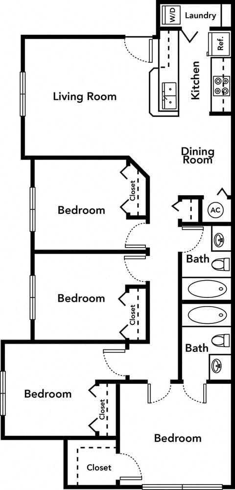 Floor plan for 4 beds, 2 baths, 1130 sqft