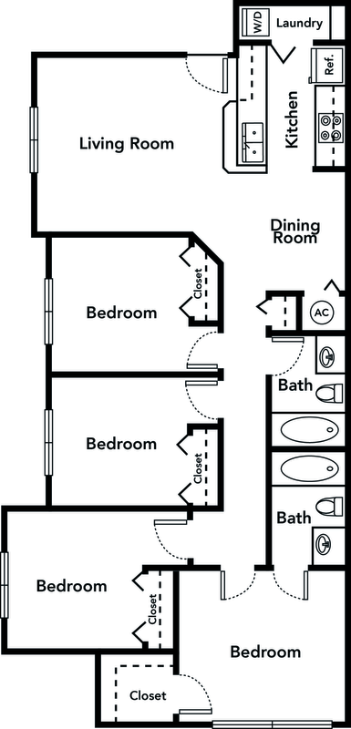 Floor plan for 4 beds, 2 baths, 1130 sqft
