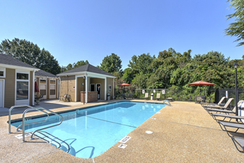 A pool surrounded by trees and chairs.