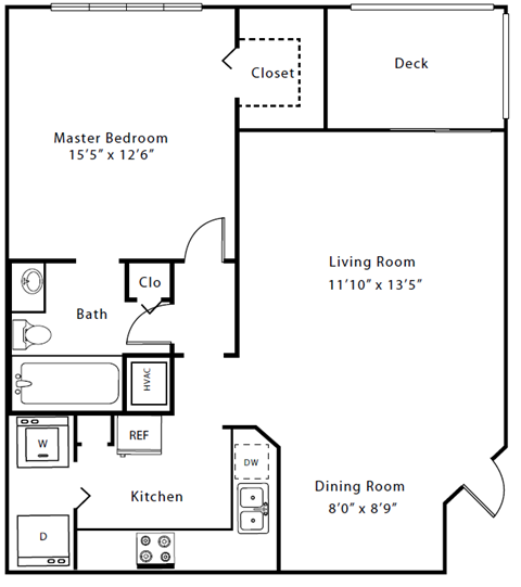Floor plan for 1 bed, 1 bath, 775 sqft