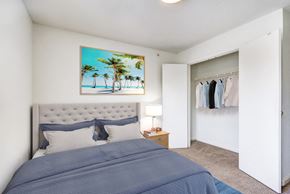 Durham apartment for rent - A virtually staged bedroom with white walls and gray carpet throughout, with a standard closet with double doors. It is staged with a queen gray upholstered bed with navy blue and gray bedding, a single wood night stand with lamp, and framed artwork hanging above the bed