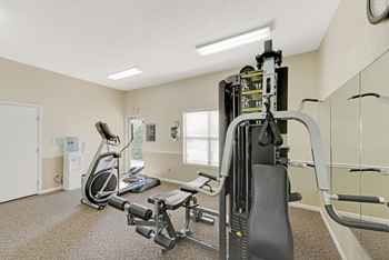 A gym with a treadmill, elliptical trainer and weights.