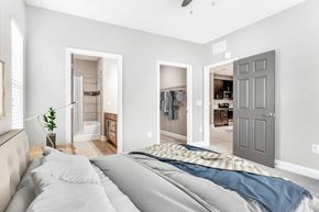 Canton apartment for rent - Vacant bedroom room with carpet with ceiling fan. Nightstands on side of the bed, art above the bed with view of bathroom and closet in the background.