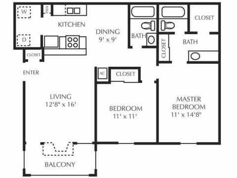 Floor plan for 2 beds, 2 baths, 971 sqft