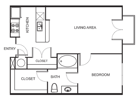 Floor plan for 1 bed, 1 bath, 665 sqft