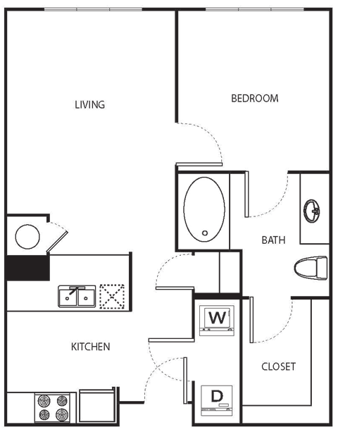 Floor plan for 1 bed, 1 bath, 665 sqft
