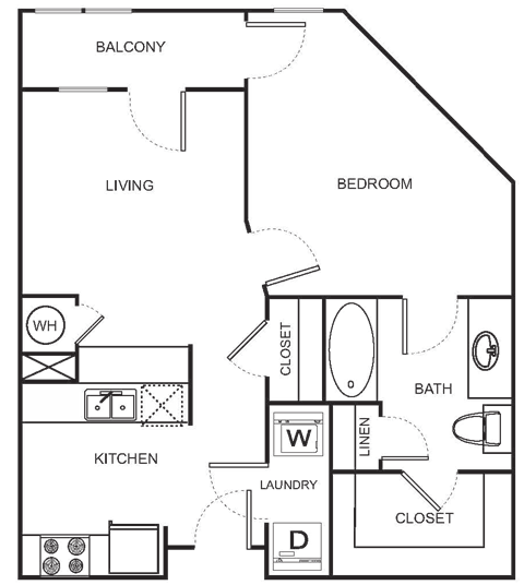 Floor plan for studio, 1 bath, 662 sqft