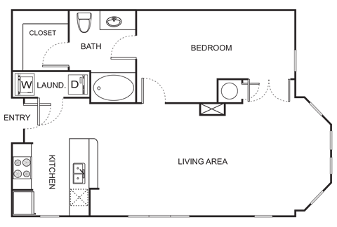 Floor plan for 1 bed, 1 bath, 833 sqft