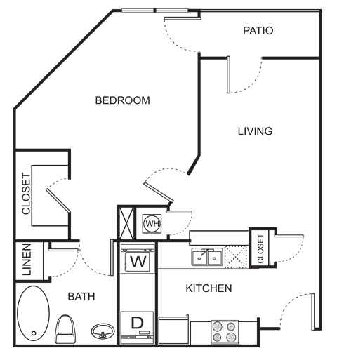 Floor plan for 1 bed, 1 bath, 715 sqft
