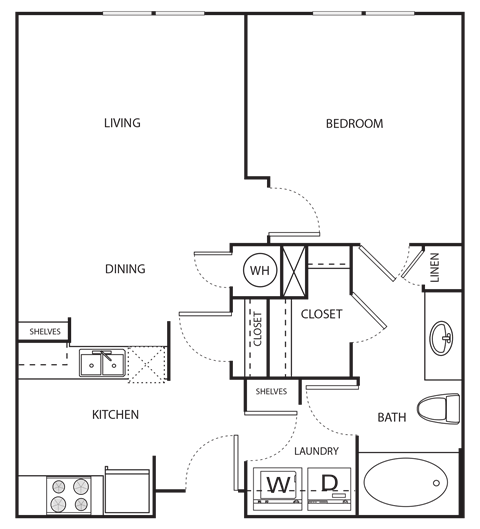 Floor plan for 1 bed, 1 bath, 753 sqft