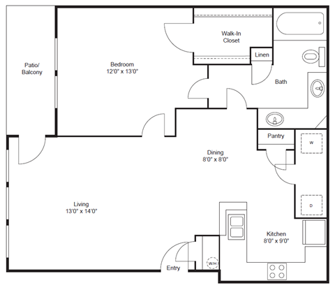 Floor plan for 1 bed, 1 bath, 769 sqft