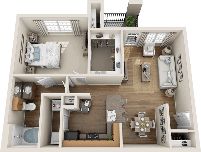 Floor plan for 1 bed, 1 bath, 750 sqft