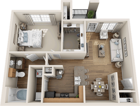 Floor plan for 1 bed, 1 bath, 750 sqft