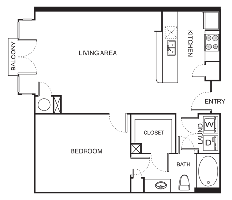 Floor plan for 1 bed, 1 bath, 844 sqft