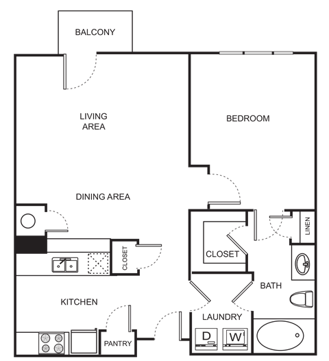 Floor plan for 1 bed, 1 bath, 858 sqft